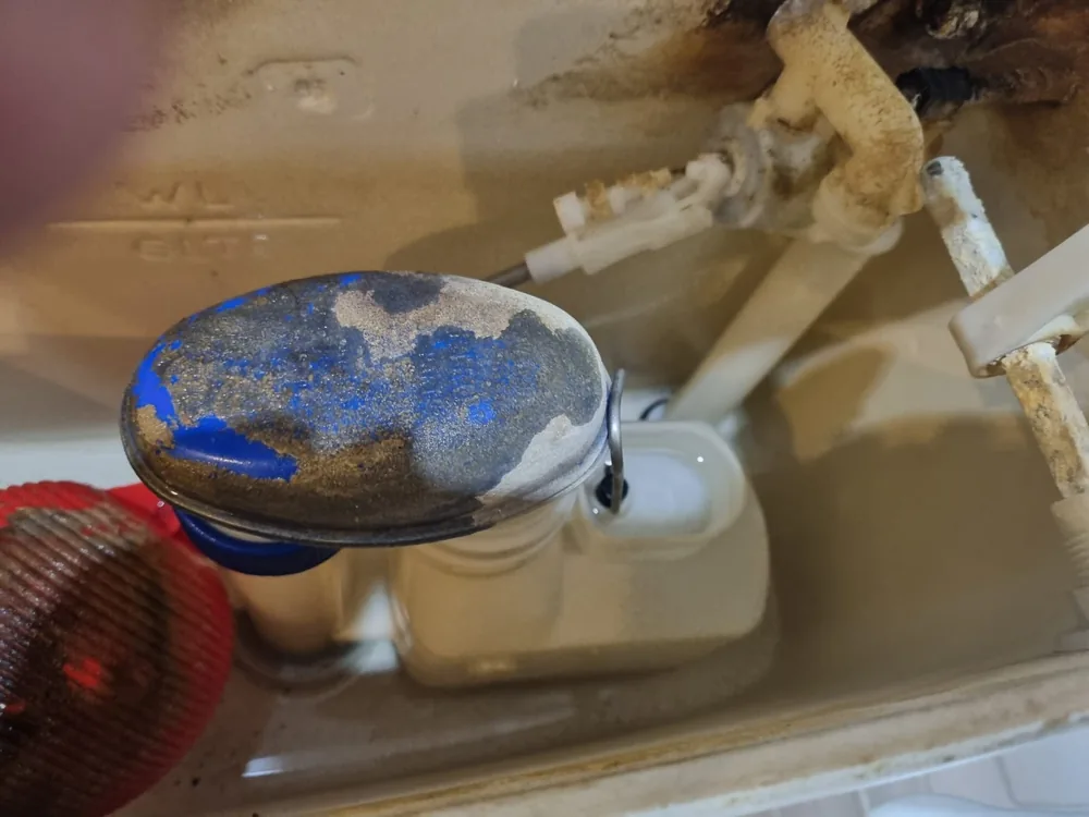 Old limescaled and corroded toilet fill and flush valve before overhaul in Coventry