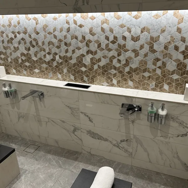 Marble bathroom with gold mosaic feature wall fitted in Coventry