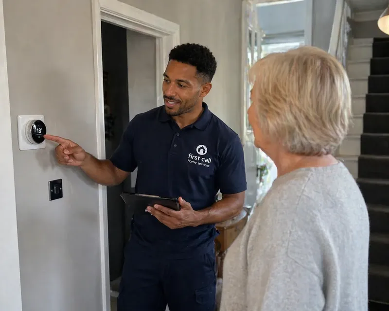 First Call Home Services engineer explaining heating controls to a customer