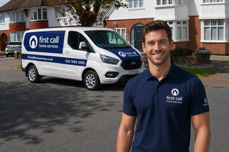 First Call van with smiling engineer